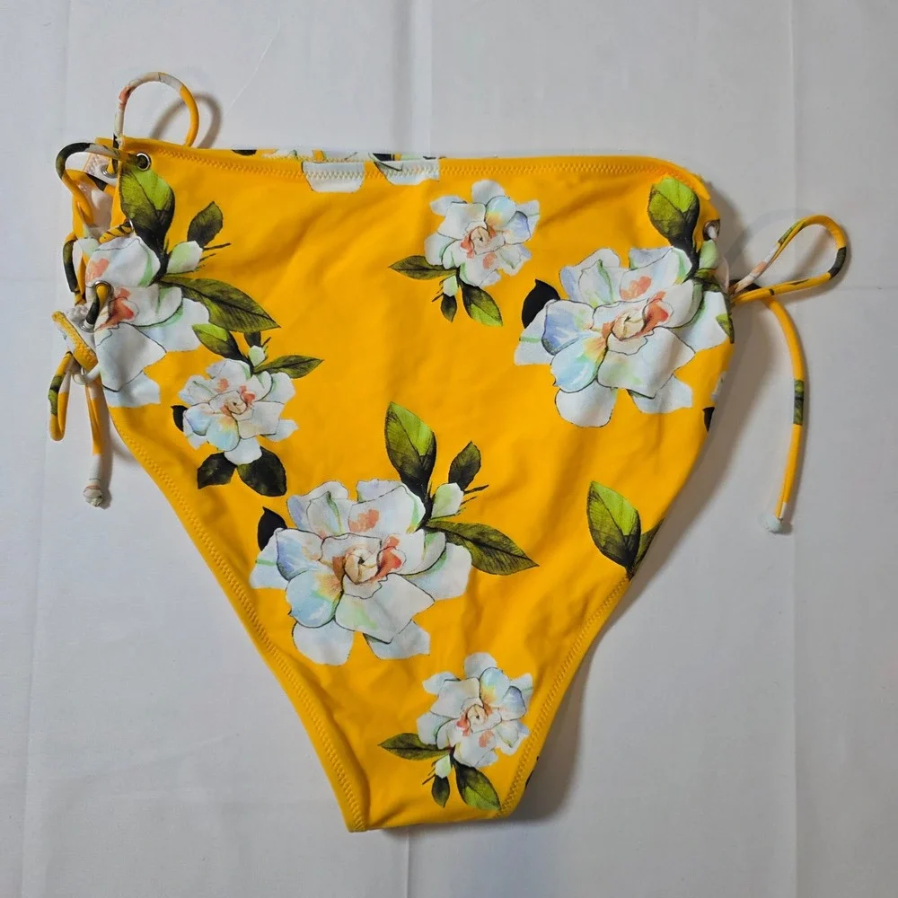 Cupshe XL Yellow Floral High Waisted Bikini Bottom Side Tie Swim Brief‎ NWT
